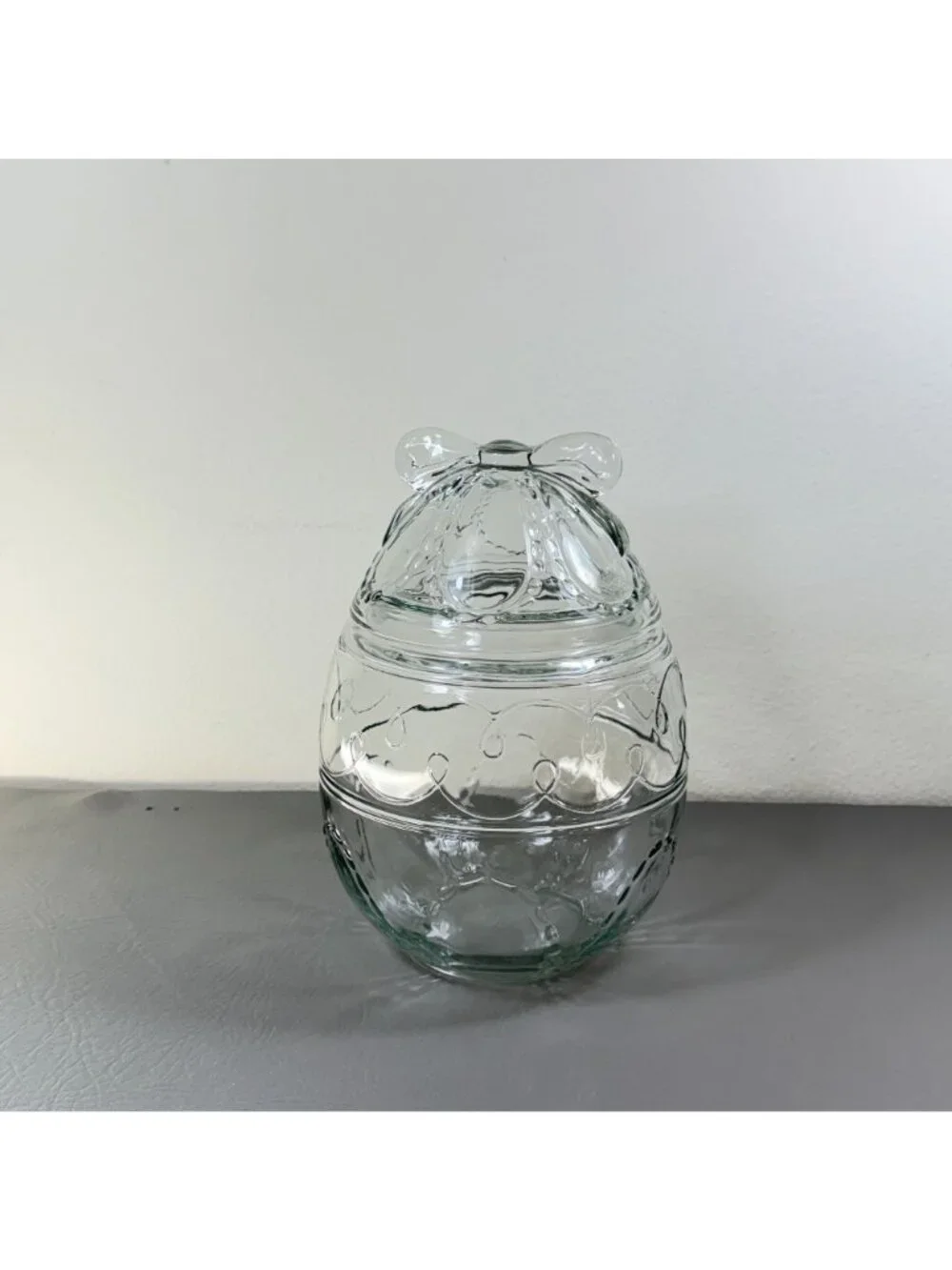 Vintage Clear Glass Easter Egg Candy Jar Container with Bow Lid 8